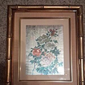 Vintage Floral Wall Art with Gold Bamboo Frame